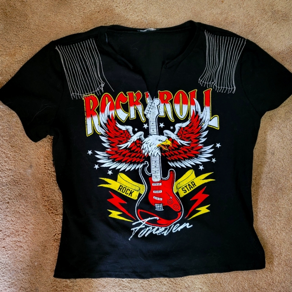 Black Rock & Roll Graphic Tee W Shoulder Tassels New! Large